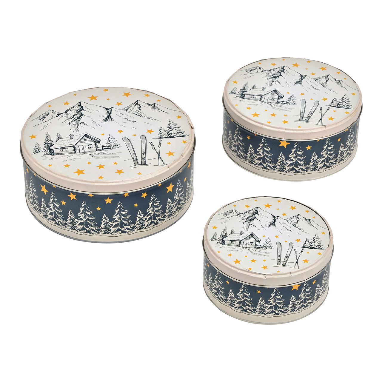 Set de 3 boîtes rondes paysage d'hiver, en métal multicolore (L/H/P) 19x8x19cm, 17x7x17cm, 14x6x14cm Set de 3 boîtes rondes paysage d'hiver, en métal multicolore (L/H/P) 19x8x19cm, 17x7x17cm, 14x6x14cm