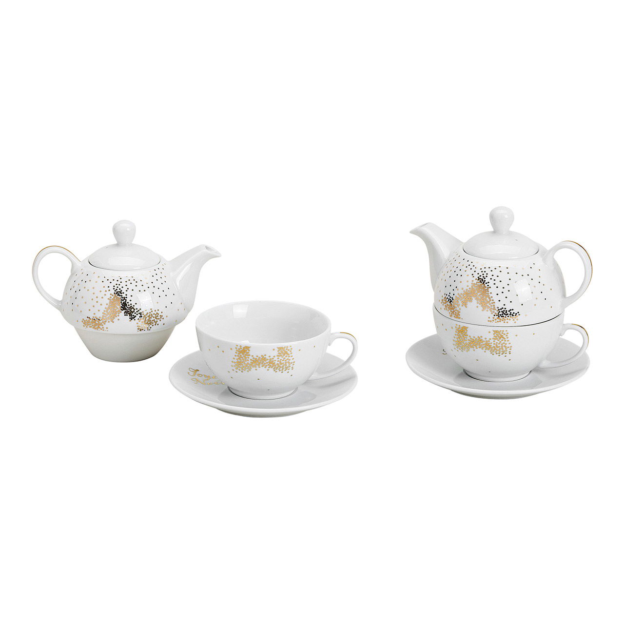 Set théière motif étoile dorée avec tasse et soucoupe en porcelaine blanche Set de 3, 400/200ml(l/h/p) 16x15x16cm