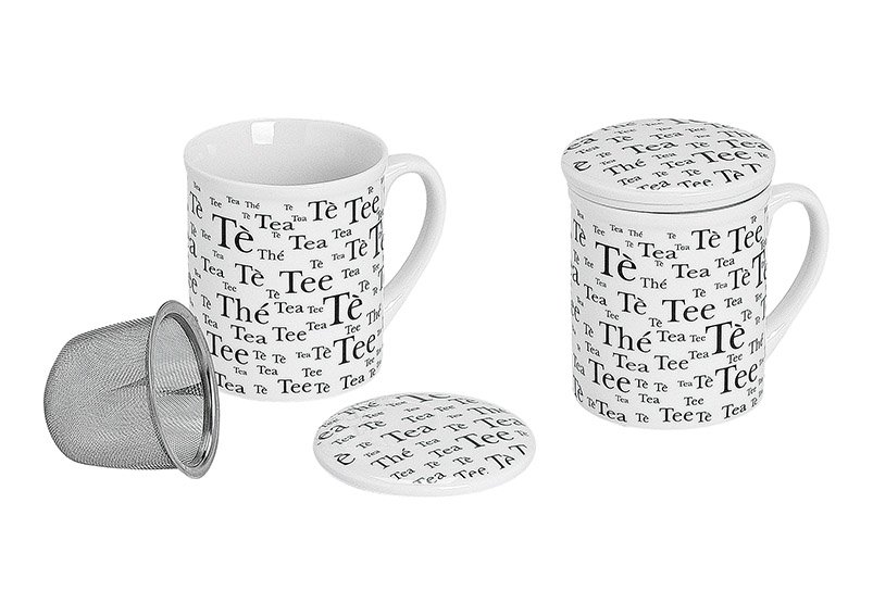 Taza de té de porcelana con tapa y colador de té, (ancho x fondo) 10x8 cm