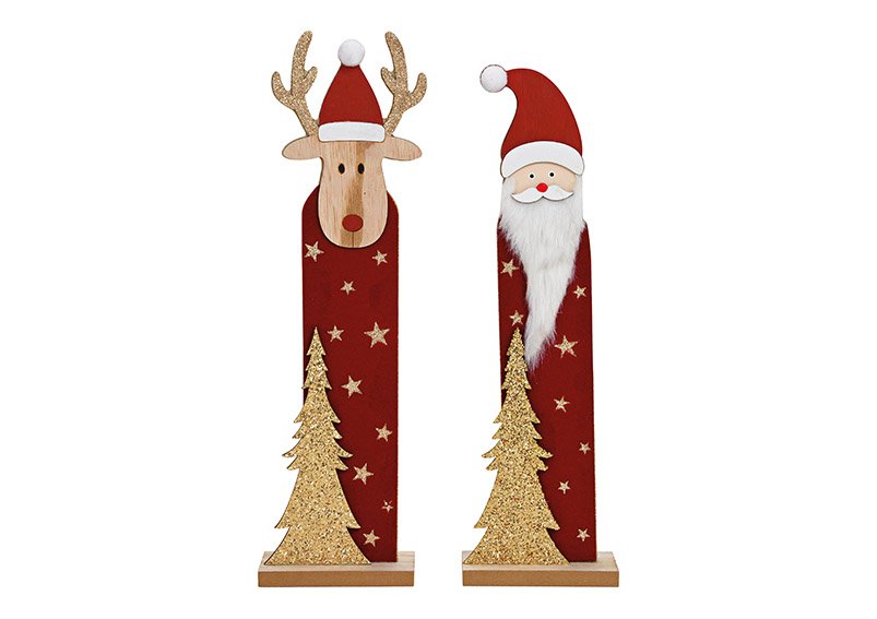 Stand santa, deer made of wood, textile red 2-fold, (w / h / d) 12x42x5cm