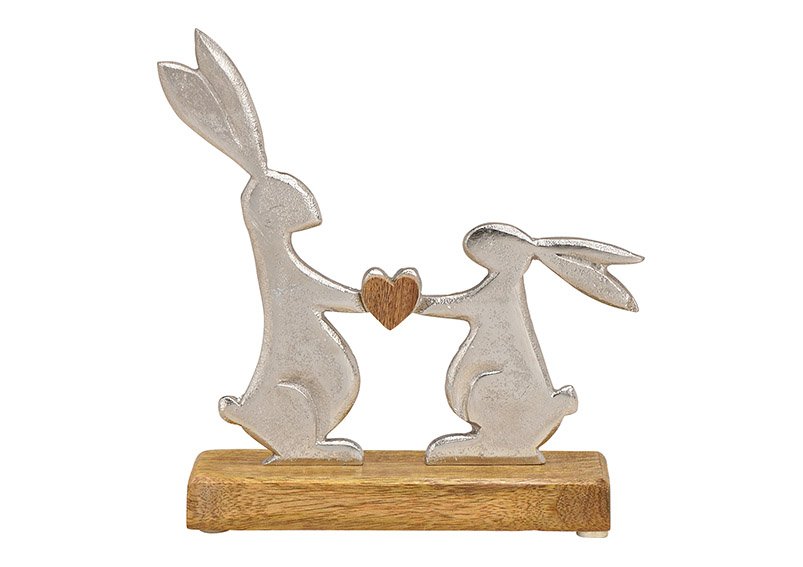 Rabbit in metal silver on mango wood base (w/h/d) 19x20x5cm