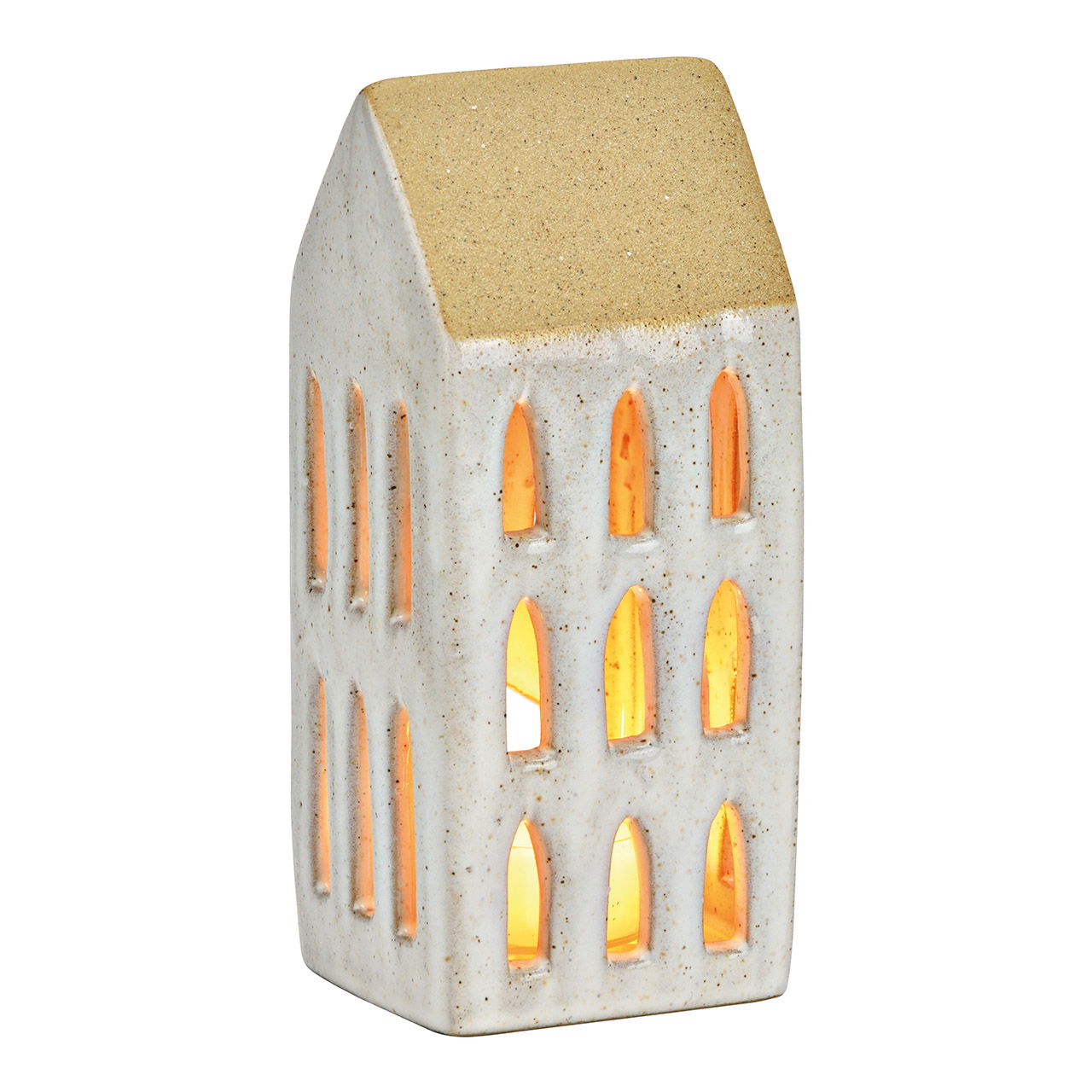 Windlicht, theelichthouder huis van porselein beige (B/H/D) 6x15x6cm