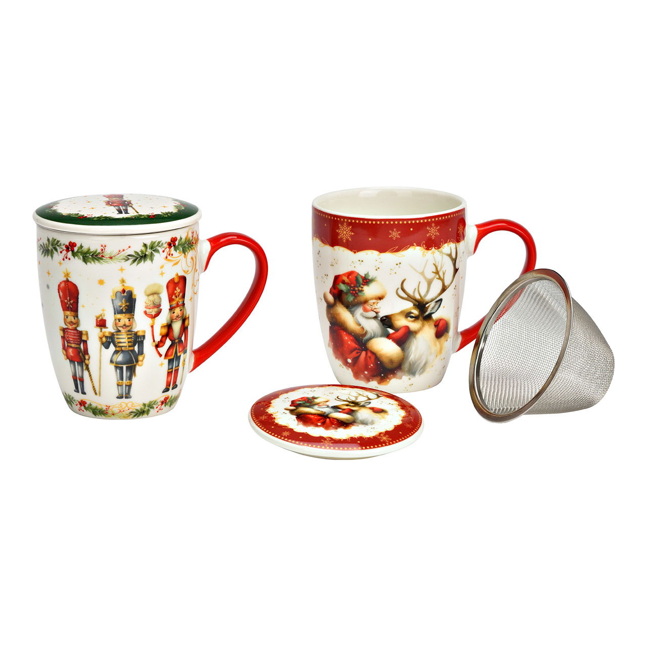 Tea mug nutcracker/deer decor with lid/metal strainer made of porcelain, 2-fold, red/green (W/H/D) 13x11x9cm 350ml