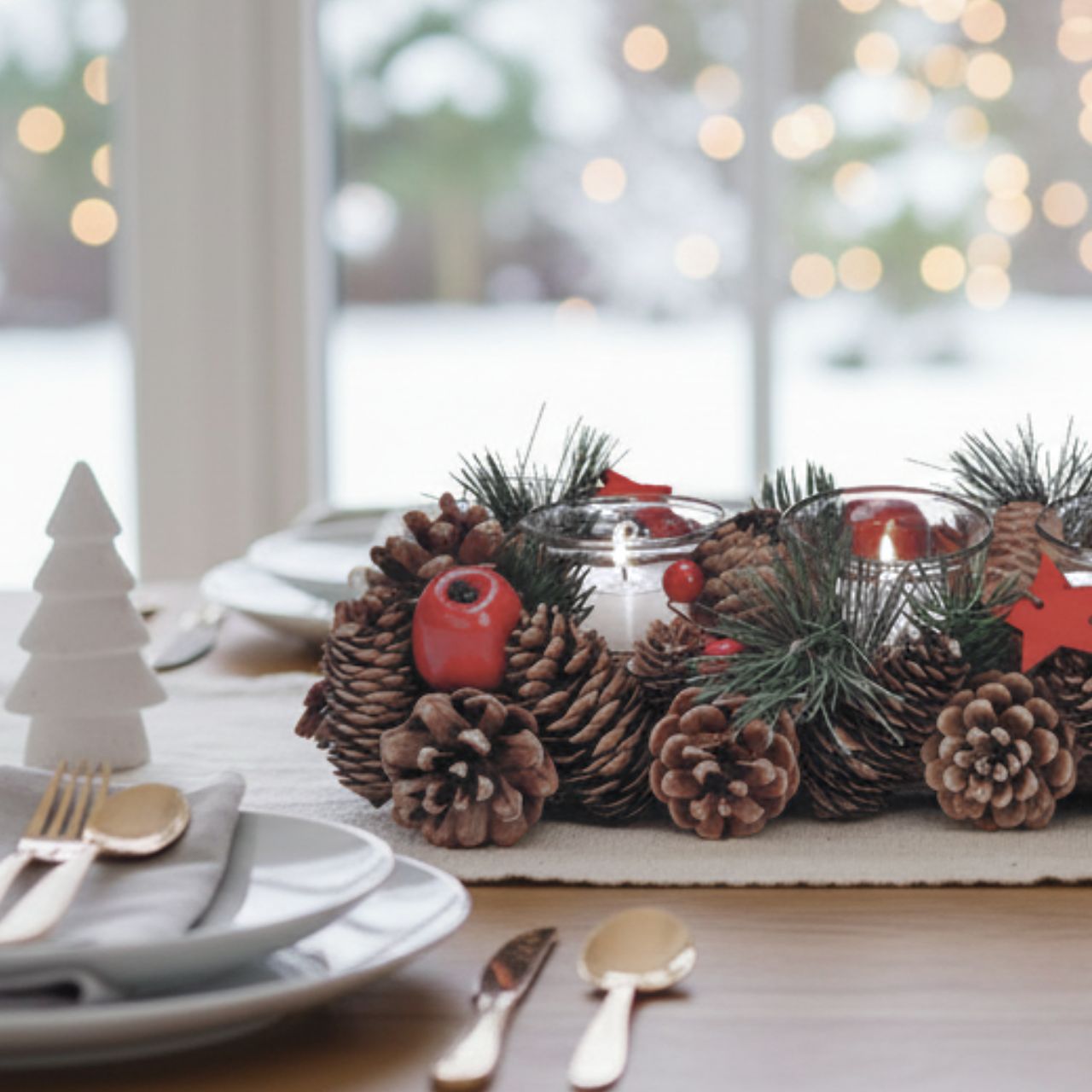 Decorazione dell'Avvento in legno/vetro/plastica, marrone, verde, rosso (L/H/D) 40x9x14cm Decorazione dell'Avvento in legno/vetro/plastica, marrone, verde, rosso (L/H/D) 40x9x14cm