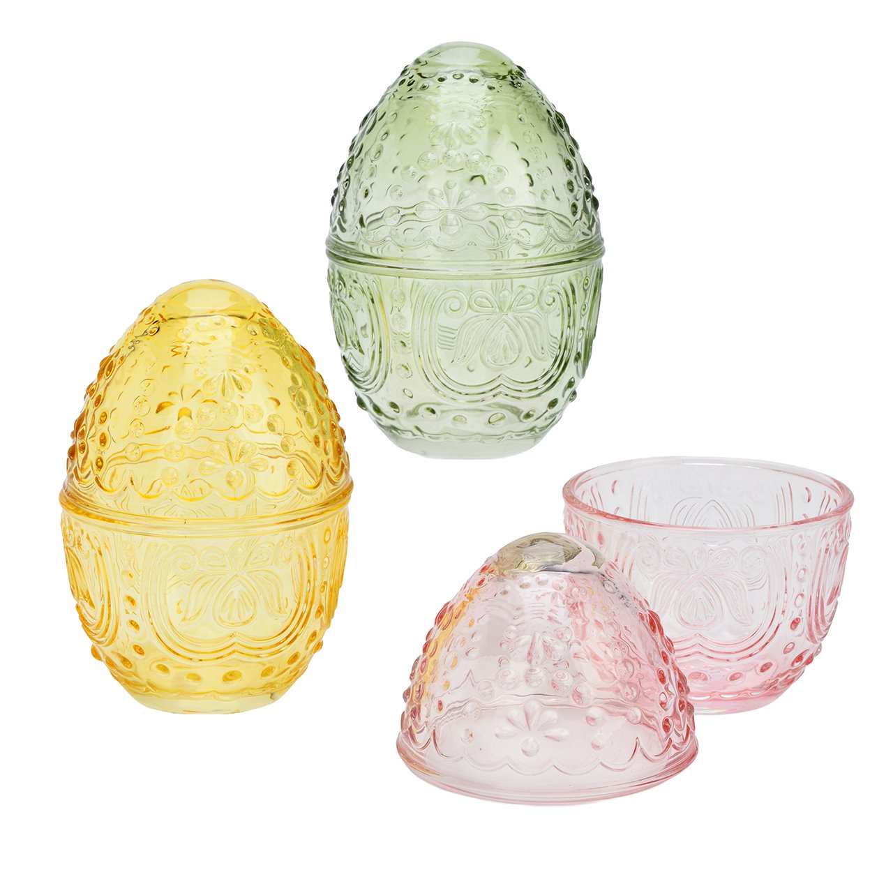 Decoratieve glazen ei-pot, geel, 3-delige set (B/H/D) 9x14x9 cm Glasbehälter, Ostereierform, bunte Gläser, gehäuse, Musterel