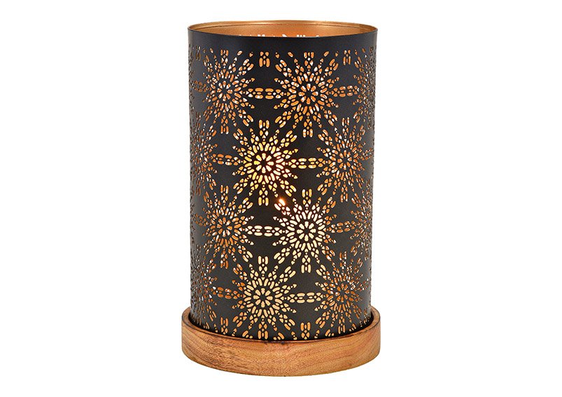 Photophore sur socle en bois Décor floral en métal Noir (L/H/P) 16x28x16cm