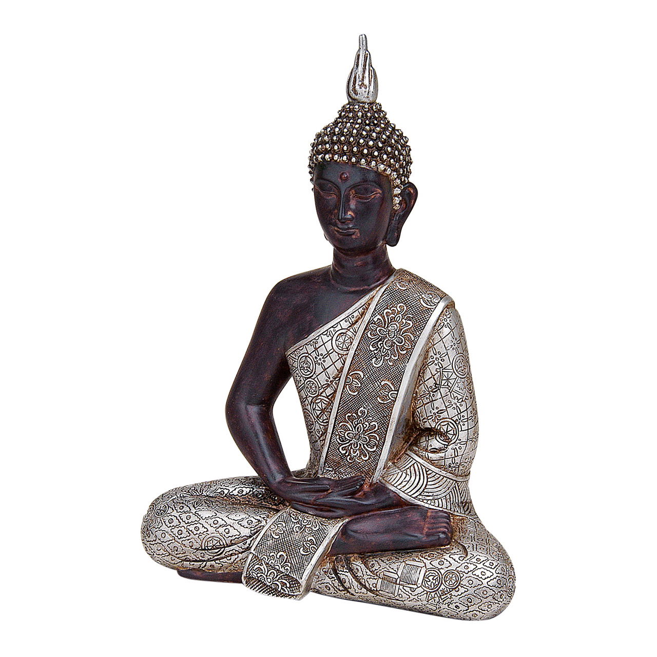 Buddha sitzend in silber aus Poly, 29 cm Kunst, Person, Gebet, Buddha, Gesicht