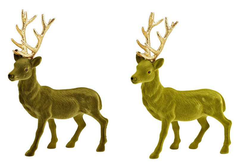Deer flocked made of plastic green, gold 2-fold, (W/H/D) 30x40x7cm