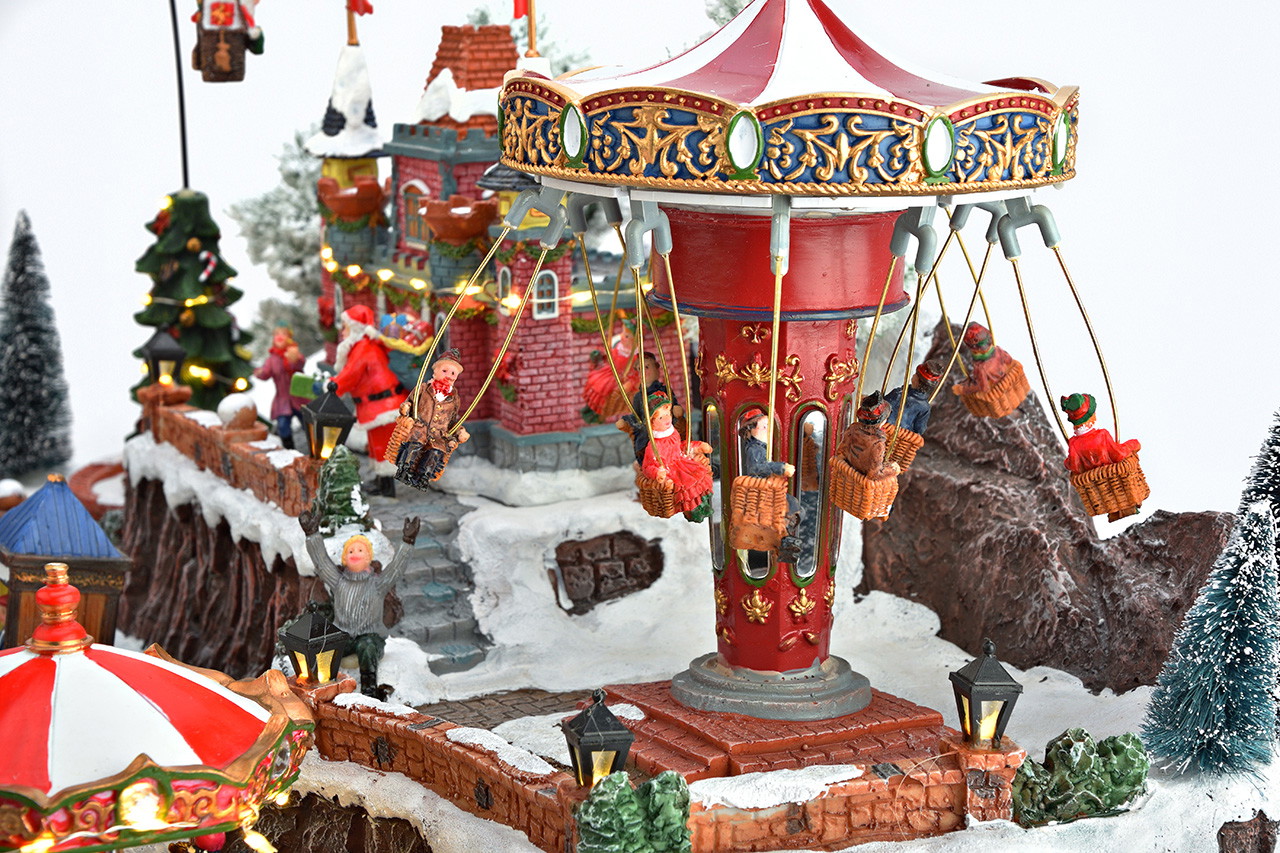 Weihnachtsjahrmarkt mit Riesenrad und Karussells aus Poly Weihnachtskarussell, Miniaturdekoration, Kettenkarussell, Winterdorf, bunte Figuren