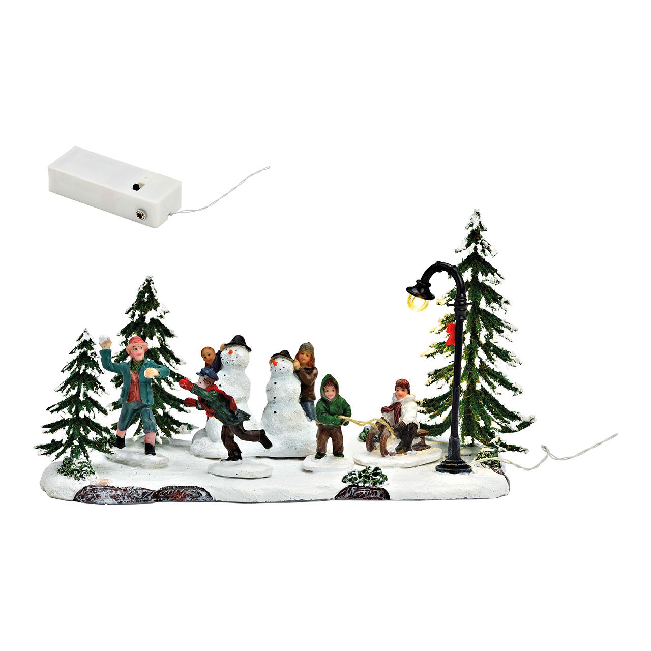 Scène hivernale Bonhomme de neige et enfants avec lumière LED en poly multicolore (L/H/P) 22x12x11cm Fonctionnement sur piles 2xAA non incluses