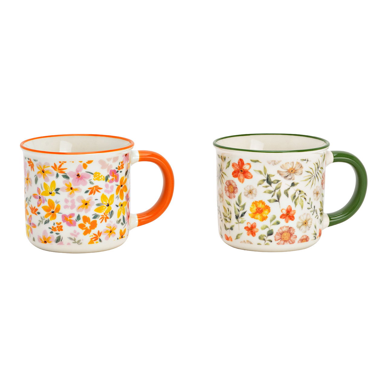 Tazza in porcellana con decoro floreale, 2 pieghe, arancione/verde 325ml (L/H/D) 12x8x8cm