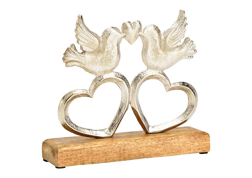 Stand bird on heart, on mango wood base, made of metal silver (W/H/D) 20x17x5cm
