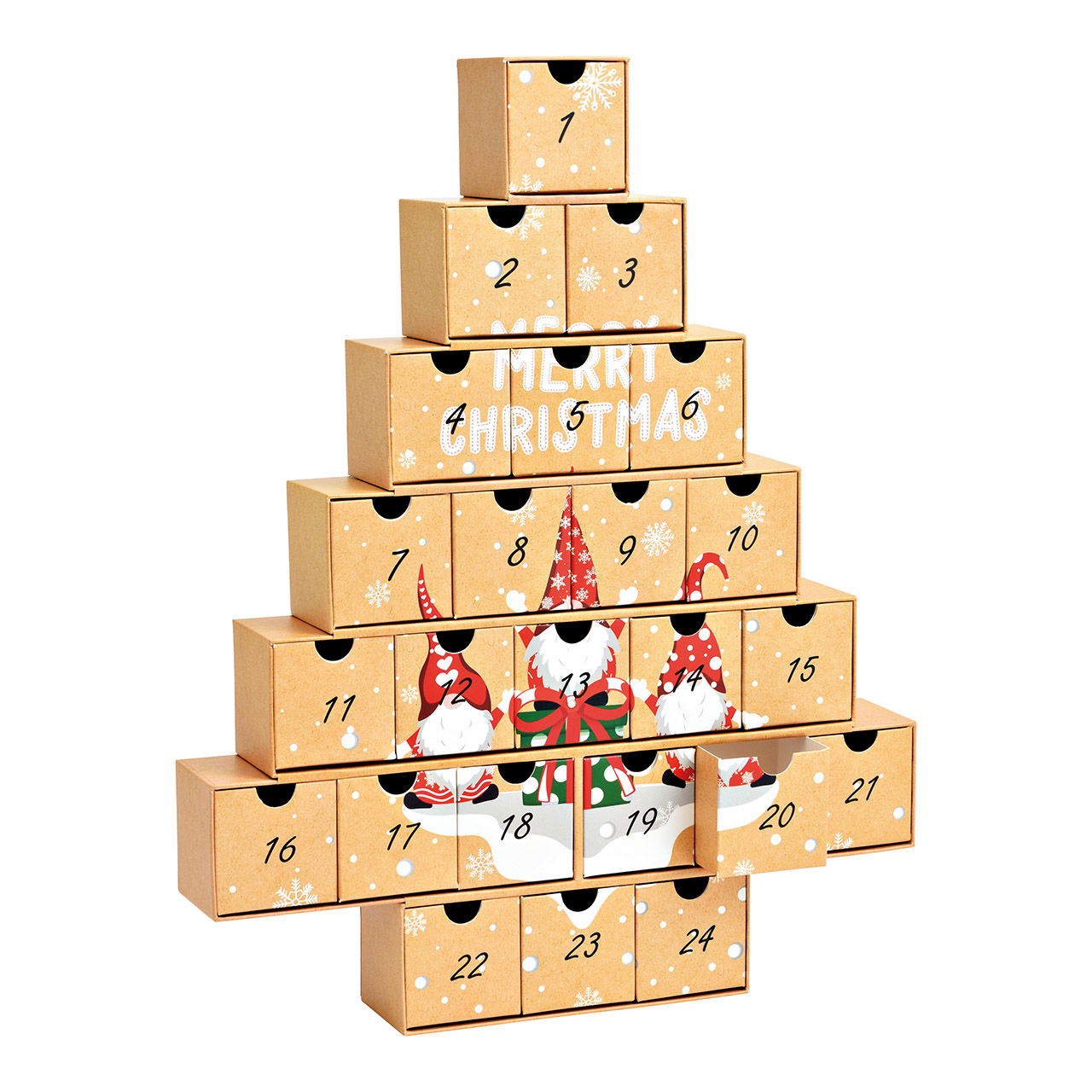 Adventskalender kerstboom met kabouters 24 vakjes 6x6x6cm van papier/karton bruin (B/H/D) 38x48x6cm