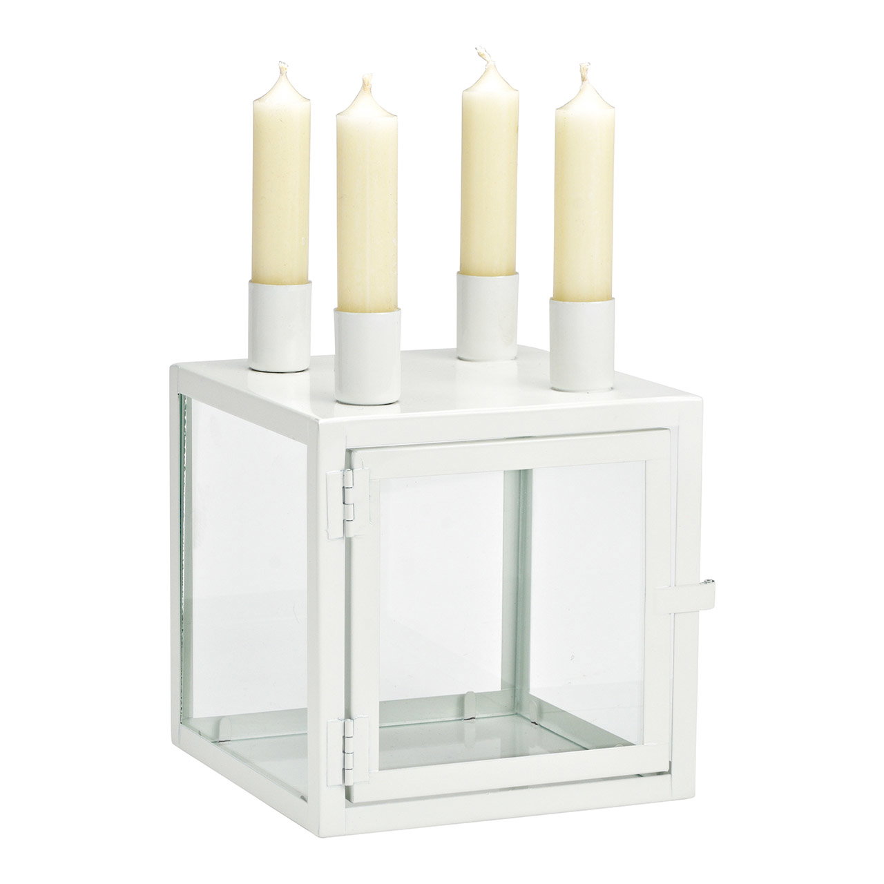 Corona de Adviento, portavelas sobre caja de metal/vidrio, blanco (A/A/A) 15x19x15cm Corona de Adviento, portavelas sobre caja de metal/vidrio, blanco (A/A/A) 15x19x15cm