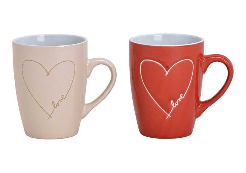 Mug, heart decor, love, stoneware, beige, red, 2 asst. 11x11x8cm