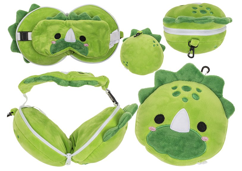 Cuscino da viaggio in peluche per bambini con maschera per gli occhi Dinosauro in tessuto verde (L/A/D) 17x14x10cm