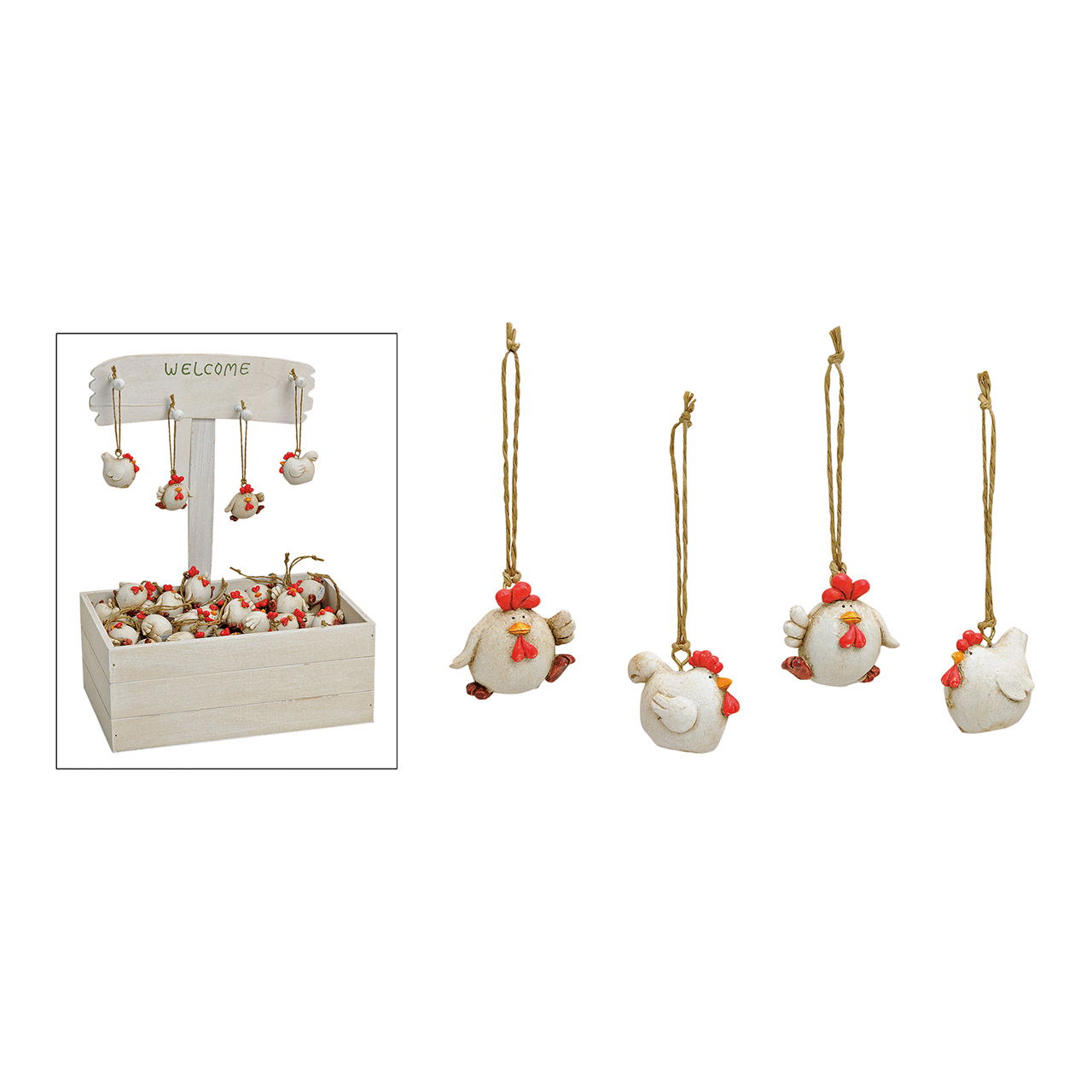 Huhn zum Hängen im Holz-Display aus Poly, 4-fach sortiert, 4 cm Huhn zum Hängen im Holz-Display aus Poly, 4-fach sortiert, 4 cm