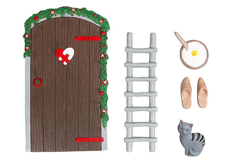 Accessoire d'affichage de la porte des lutins, set de porte des lutins avec échelle, sabots, clés, chaussures, chat set de 5, en poly brun (L/H) 8x15x0,5cm