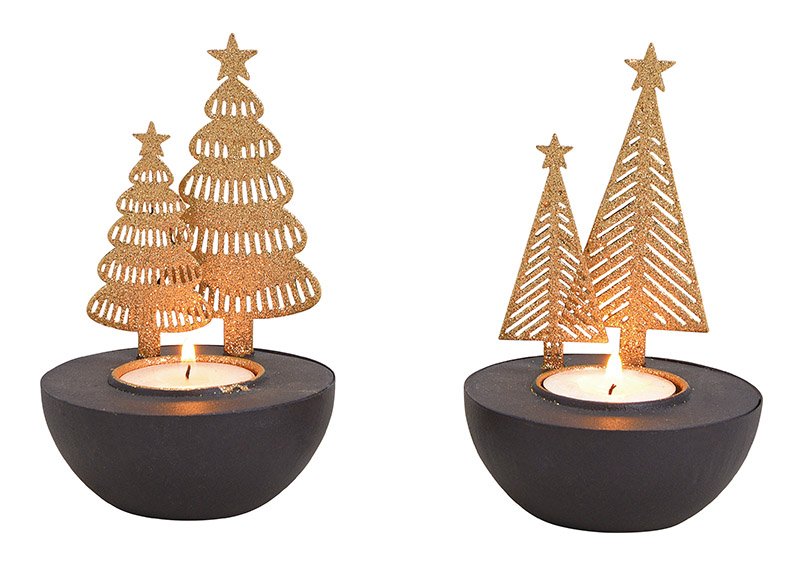 Tealightholder christmas tree metal black/gold 2-asst. 8x13x8cm