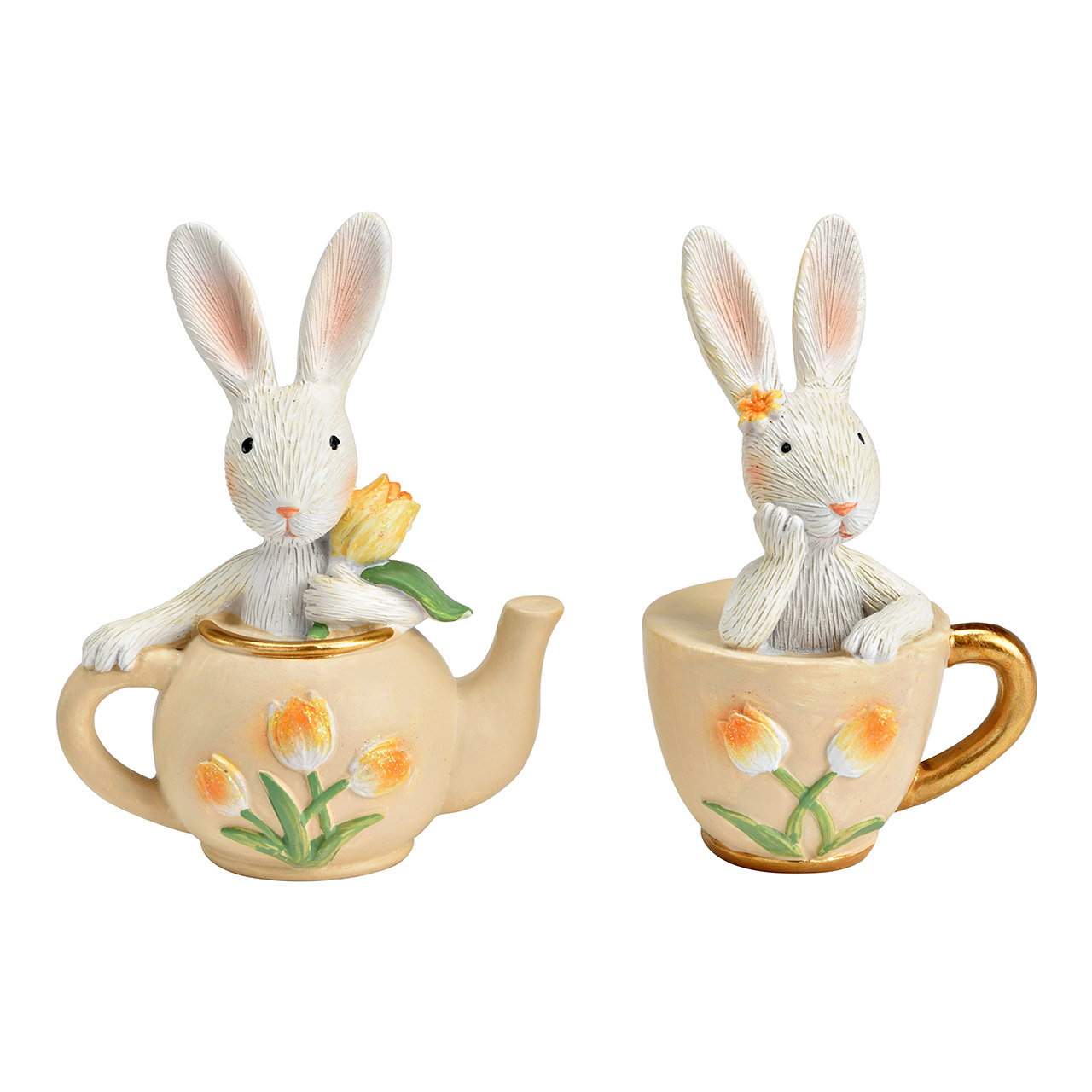 Figur Hase in Teekanne aus Poly, 2-fach, Weiß/Beige/Orange (B/H/T) 8x10x5cm Hasenfigur, Teeset, Tee-Set, Tulpenmotiv, Cremefarben