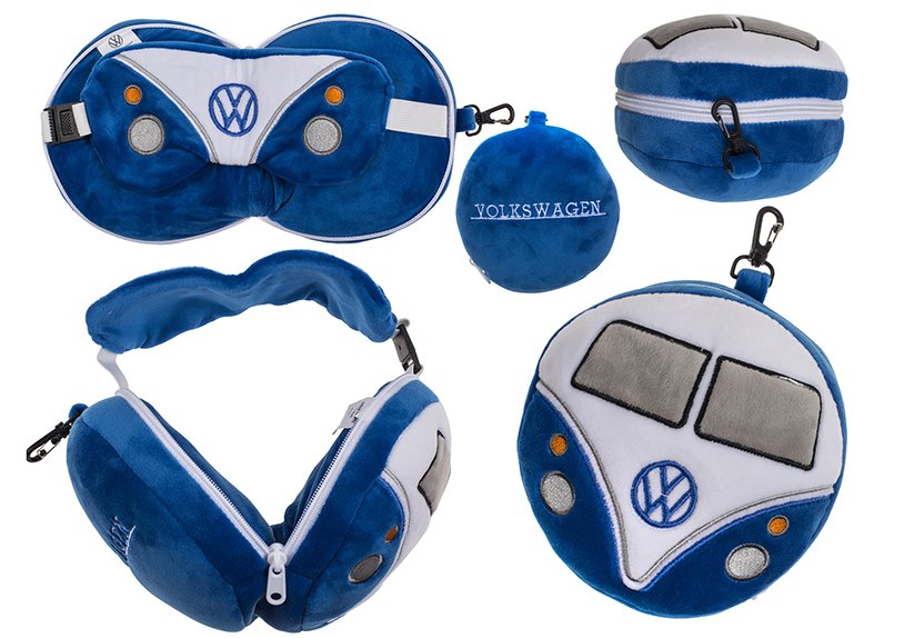 Cuscino da viaggio in peluche per bambini con maschera per gli occhi VW T1 Camper Bus, in tessuto blu (L/H/D) 14x14x10cm