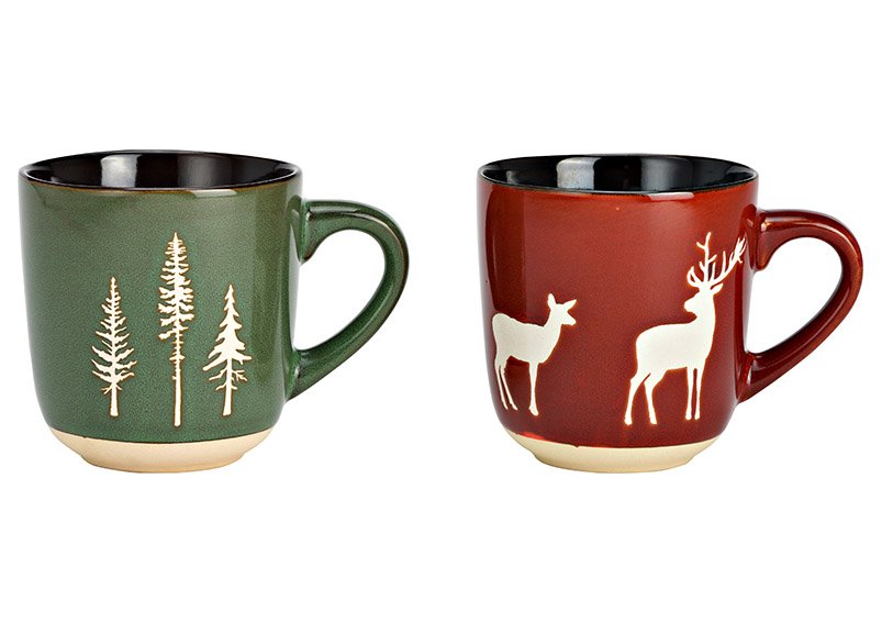 Gobelet cerf, décor forêt d'hiver, en faïence marron, vert 2 fois, (L/H/P) 13x10x9cm 420ml