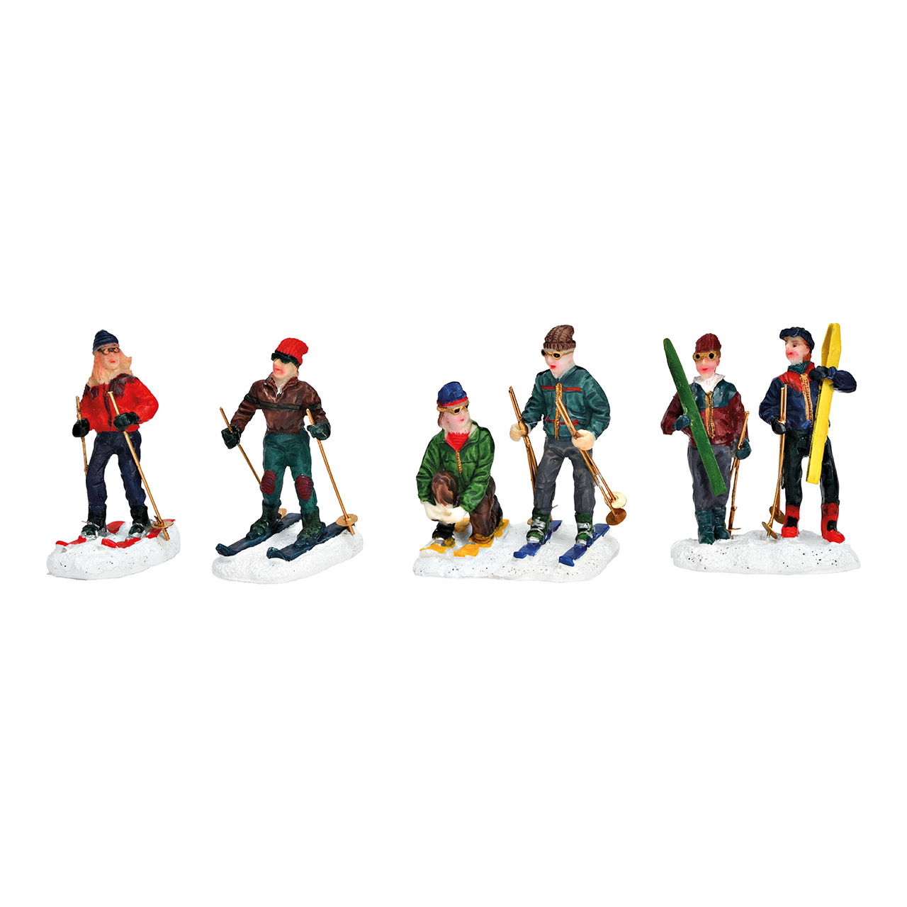 Figurine miniature de skieur en poly multicolore 4x, (L/H/P) 5x6x4cm 4x6x3cm Figurine miniature de skieur en poly multicolore 4x, (L/H/P) 5x6x4cm 4x6x3cm