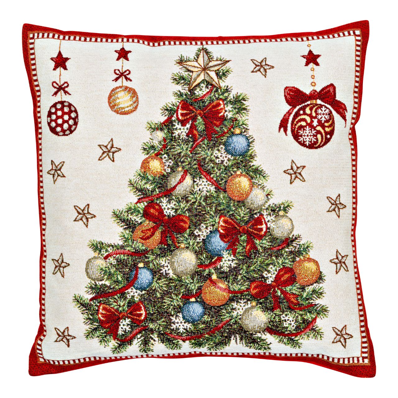 Kissenbezug Tannenbaum Dekor aus Textil, Beige/Rot (B/H) 45x45cm mit Reißverschluss Weihnachtskissen, Weihnachtsbaum, Kissenbezug, Christbaumdeko, rote Bänder