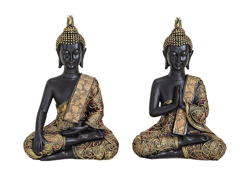 Boeddha in zwart/goud gemaakt van poly, 2 assorti, B14 x D7 x H21 cm
