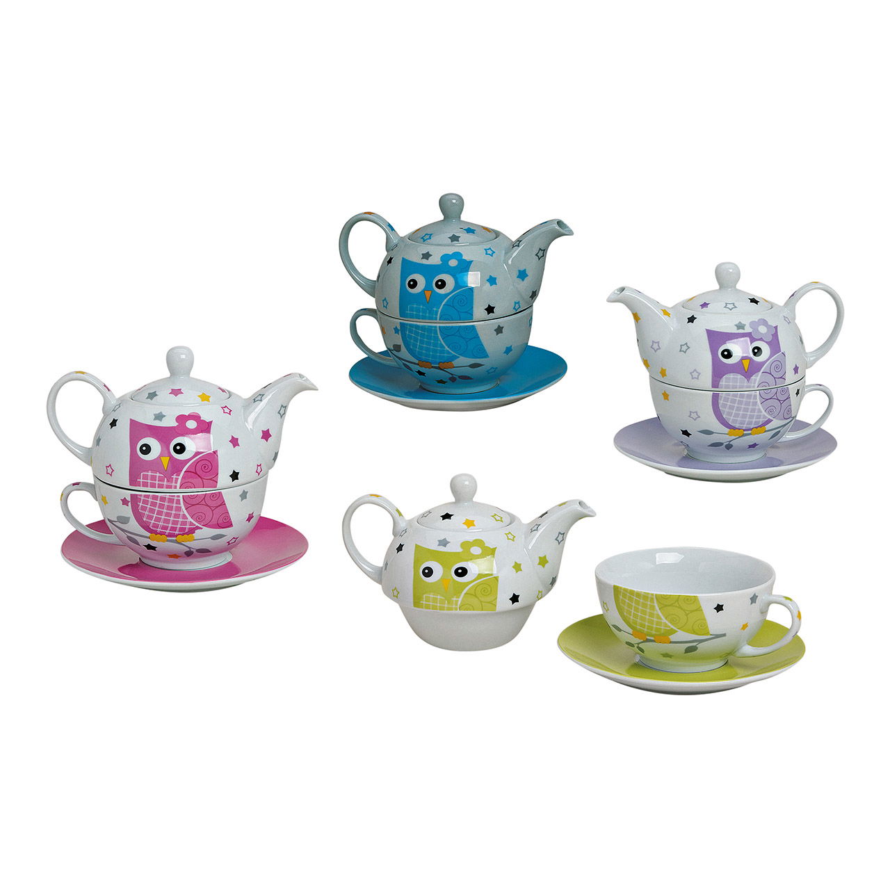 Teekannen-Set Eule aus Porzellan, 3-teilig, 4-fach sortiert Teekannen-Set Eule aus Porzellan, 3-teilig, 4-fach sortiert