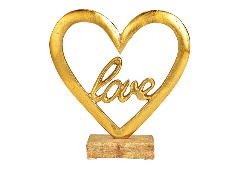 Présentoir cœur Love, sur socle en bois de manguier, en métal doré (L/H/P) 18x19x5cm