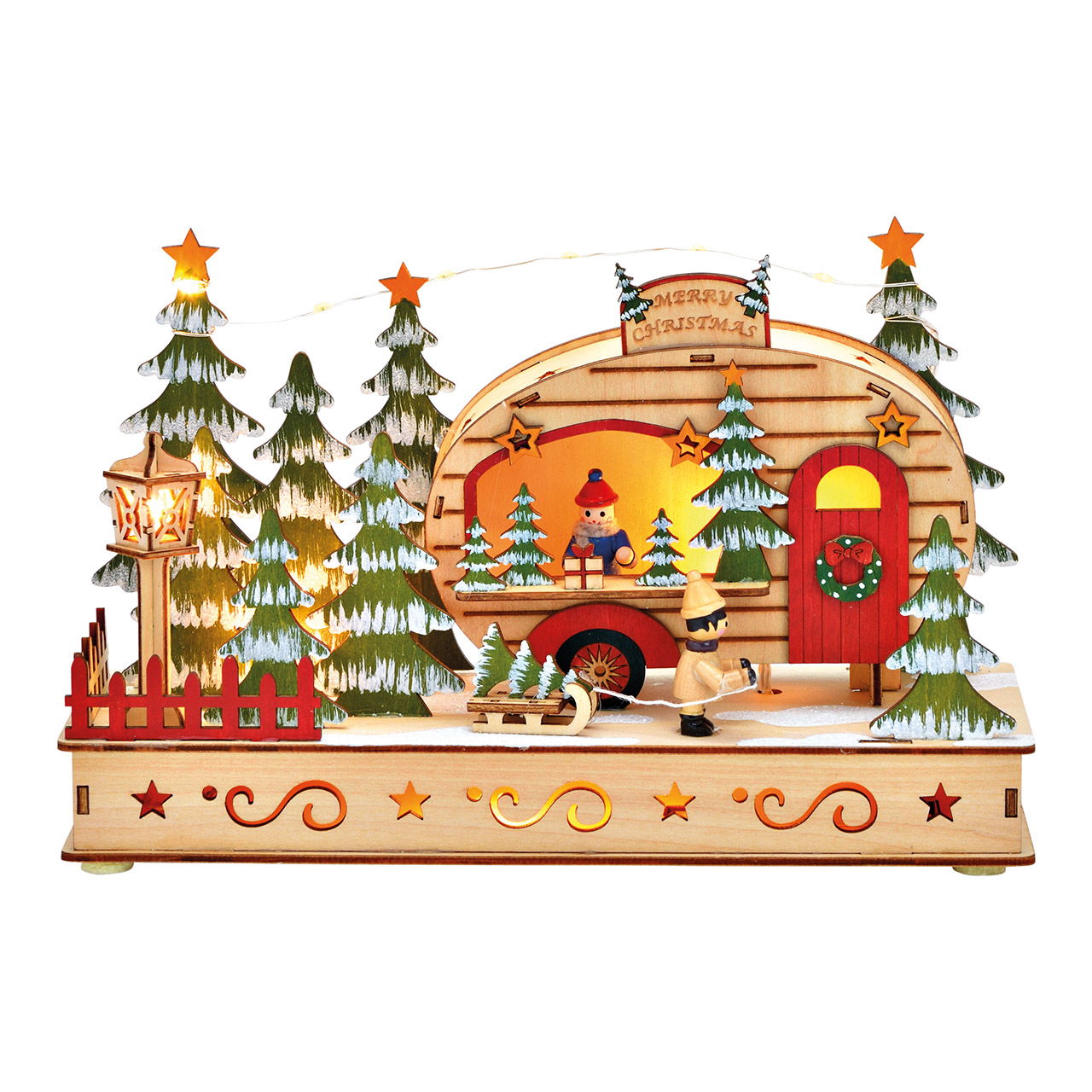 Winter scene Christmas wagon 15 LED made of wood Colorful (W/H/D) 28x18x10cm