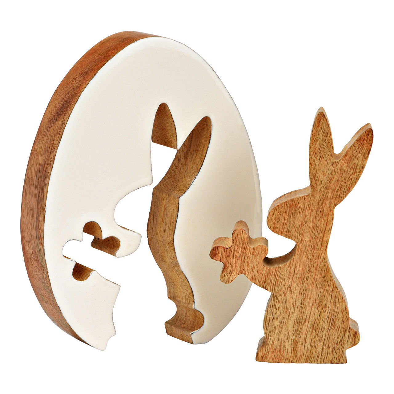 Présentoir œuf de Pâques avec lapin, set de 2, en bois de manguier naturel, blanc (L/H/P) 12x16x4cm