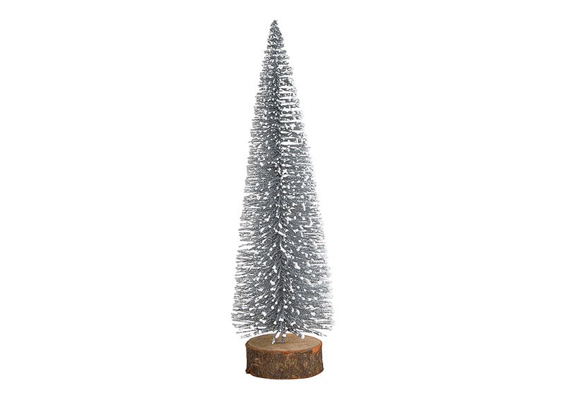 Tree on wooden base, with glitter, plastic, silver, 7x25x7cm
