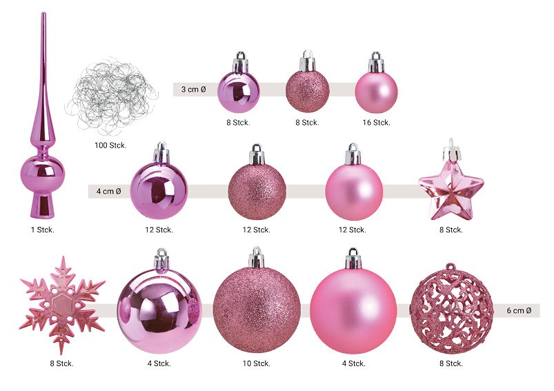 Weihnachtskugeln aus Kunststoff, 111er-Set, Pink/Rosa Ø3/4/6cm (B/H/T) 36x23x12cm