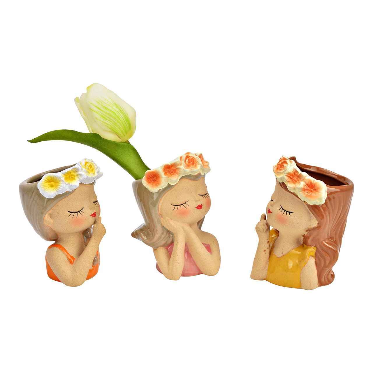 Bloempot bloemenmeisje van aardewerk 3-voudig, beige/geel/roze/apricot (B/H/D) 6x9x6cm