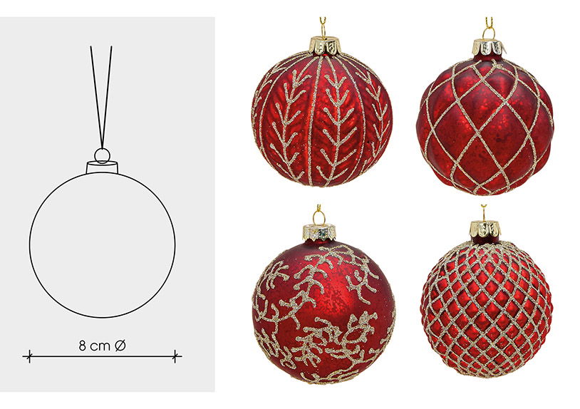 Weihnachtskugel Glitter aus Glas, 4-fach, Rot/Gold Ø8cm