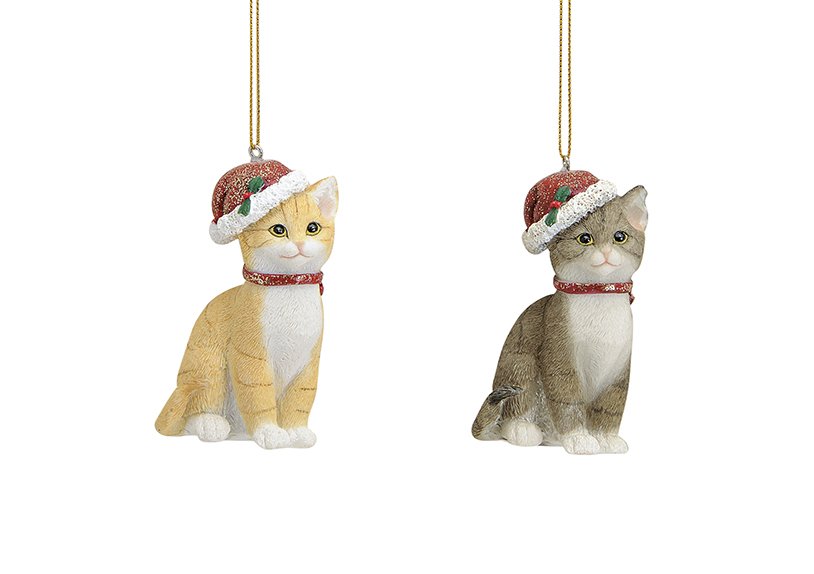 Suspension chat avec bonnet de Noël en poly, assorti 2 fois (L/H/P) 6x9x4 cm