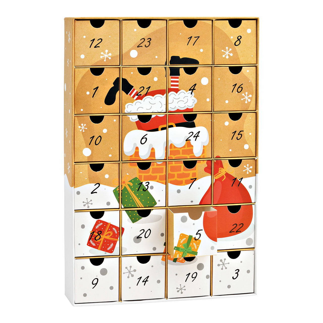 Adventskalender van papier/karton, 24 vakjes Ø6cm, geel/wit (B/H/D) 26x39x6cm