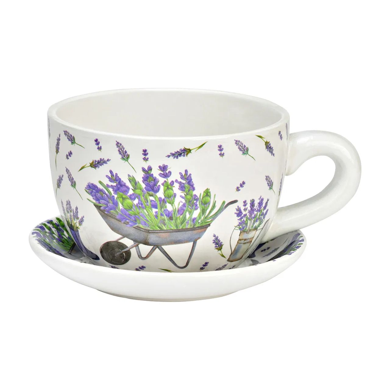 Pflanztasse Lavendel Dekor aus Keramik, Grün/Lila/Weiß (B/H/T) 25x14x23cm Untertasse, Tasse, Kunst, Porzellan, Töpferei