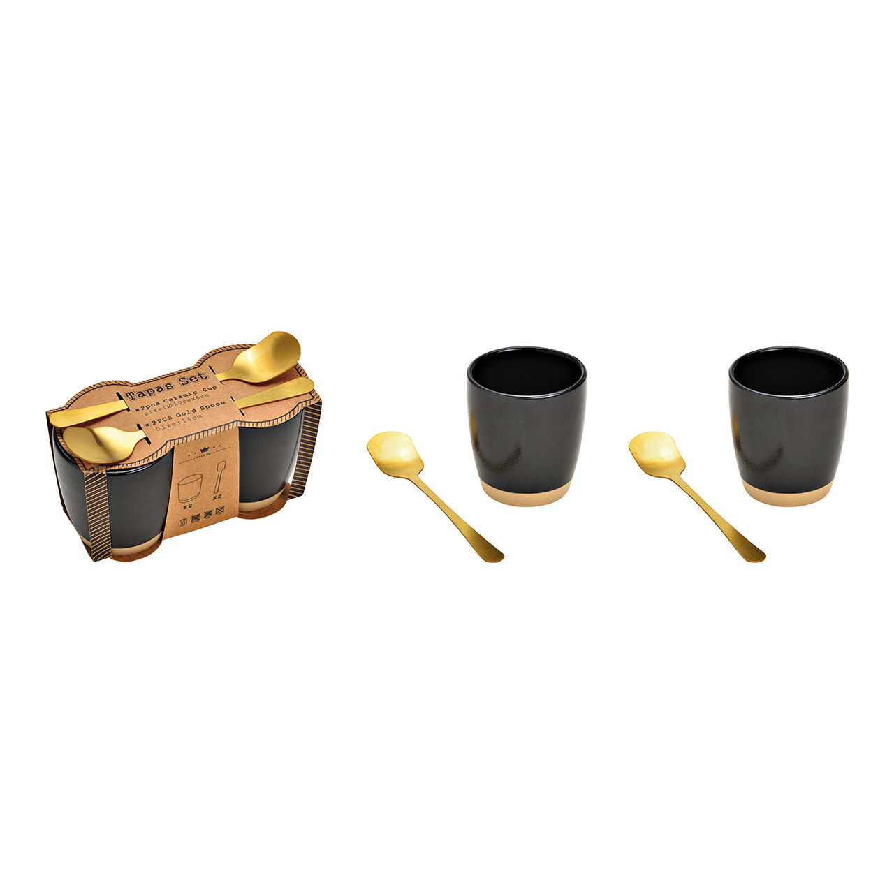 Black ceramic tapas set of 4, (w/h/d) mug 6x7x6cm, spoon 14cm