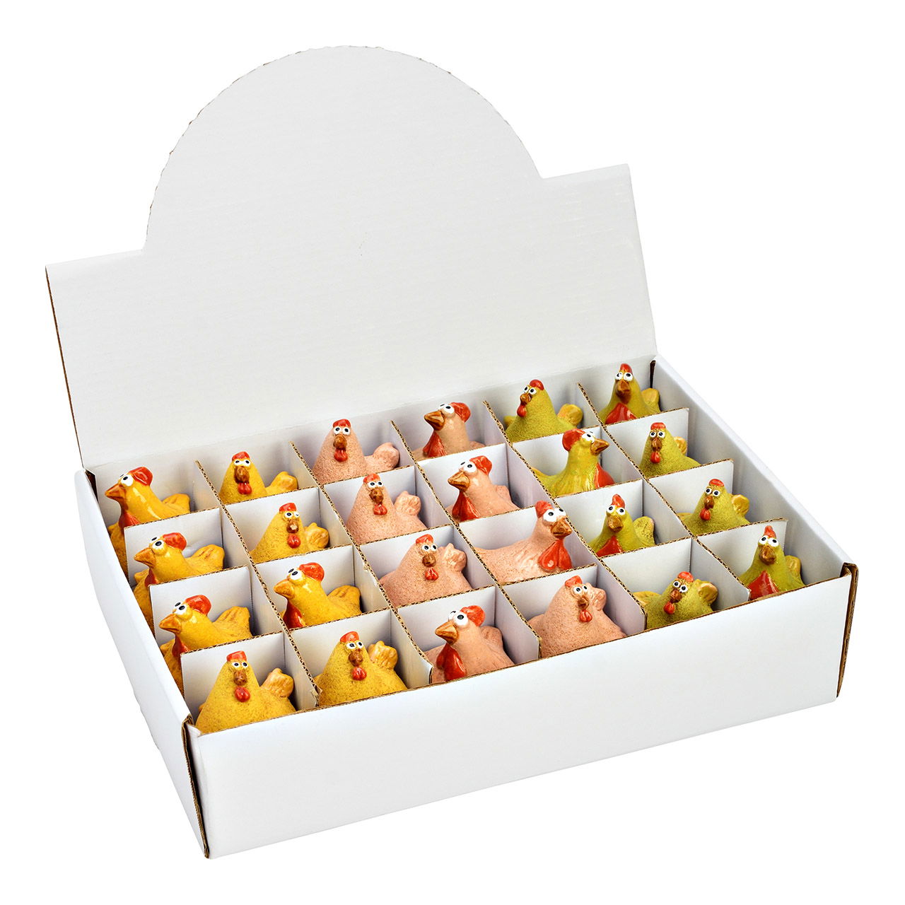 Poules en faïence, 6x, jaune/rose/vert (L/H/P) 5x7x5cm 24pcs. dans une boîte présentoir Tier, Vogel, Hühnchen, Geflügel