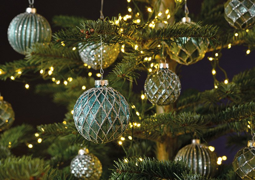 Weihnachtskugel Glitter aus Glas Türkis, silber 4-fach, (B/H/T) 6x6x6cm