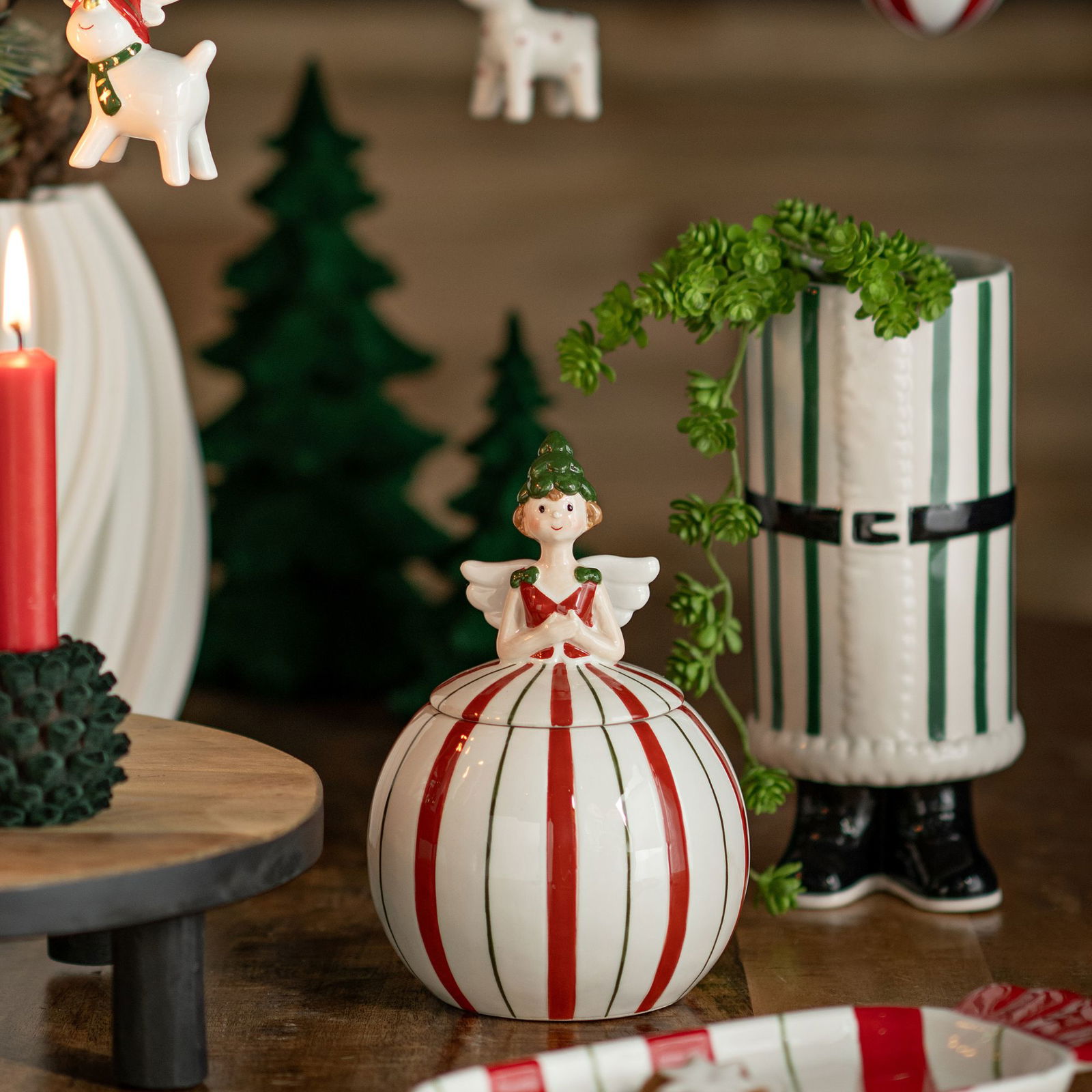 Vase Weihnachts Dekor aus Keramik, 2-fach, Rot/Grün (B/H/T) 9x22x10cm Töpferei, Krug, Vase, Kunst, Porzellan