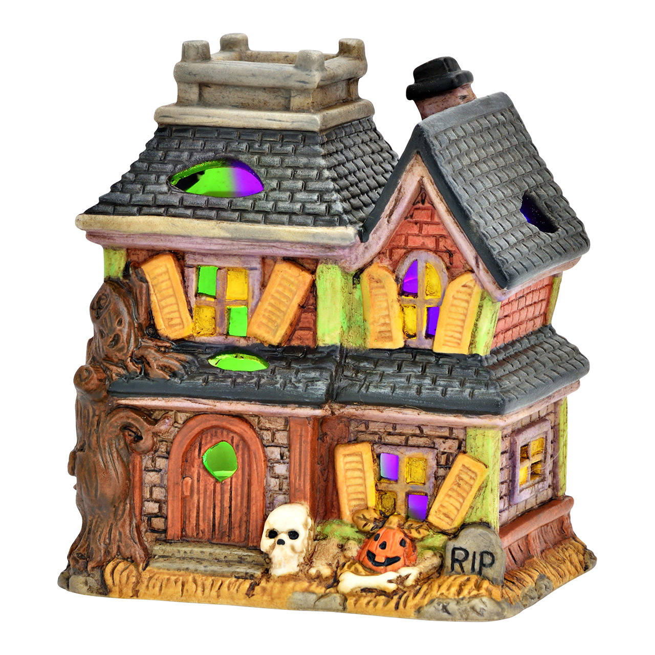 Casita de luz Halloween con 1 luz LED multicolor de porcelana, colorida (A/A/A) 10x11x8cm 2xAAA exclusiva Hütte, Haus, Wohnen, Essen, Süßigkeiten