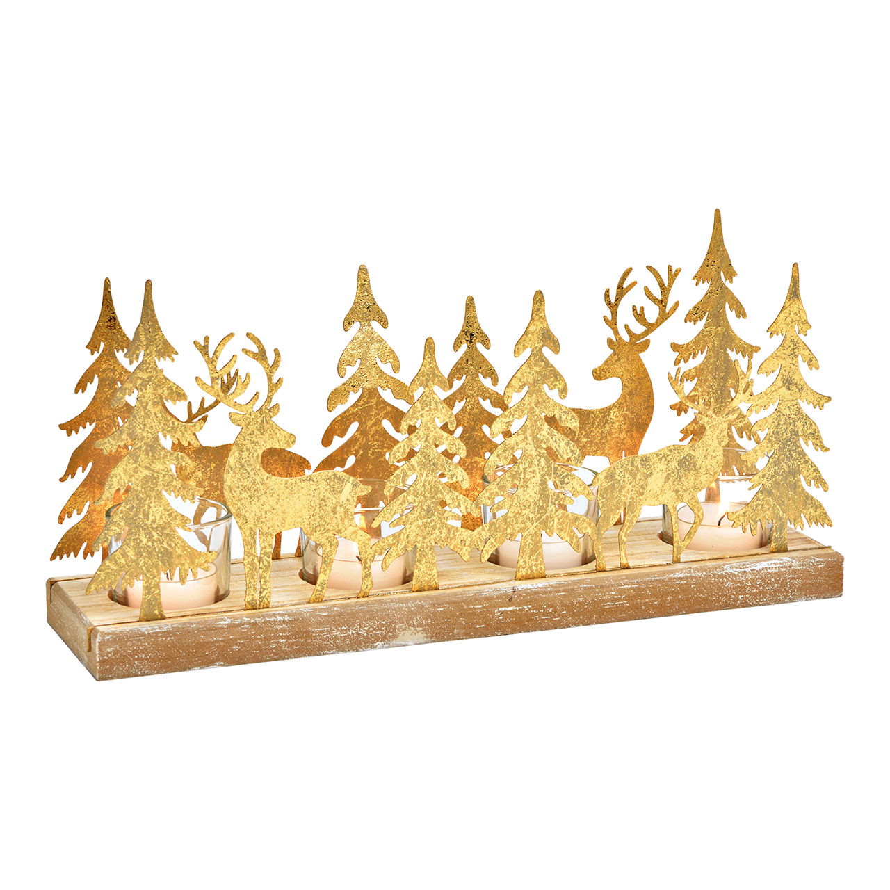 Arrangement de l'Avent, porte-bougie à chauffe-plat Cerf Forêt d'hiver en bois/métal/verre or (L/H/P) 33x16x9cm