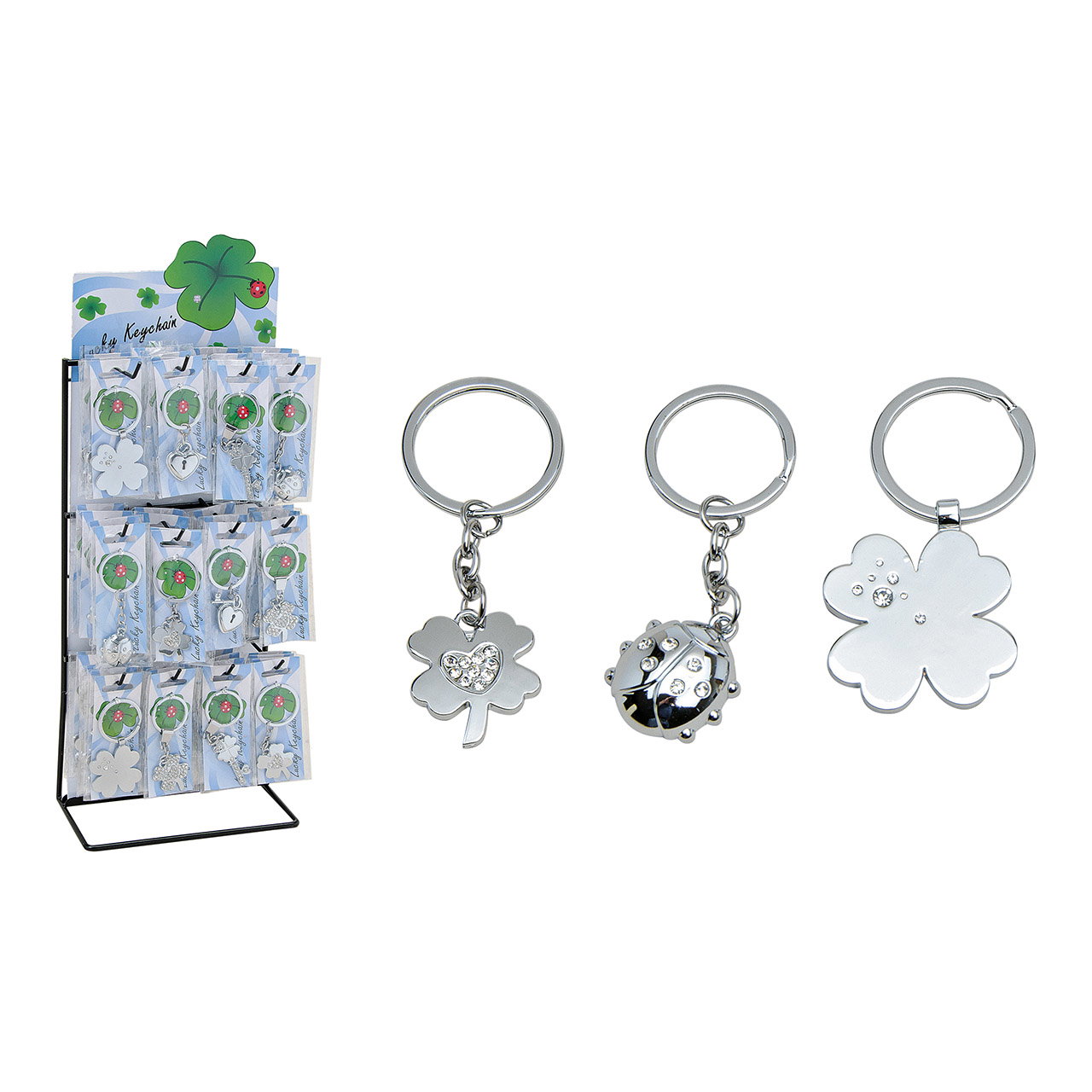Portachiavi portafortuna in metallo, assortito in 3 colori, 8 cm Schlüsselanhänger, Kleeblatt, 4-leaf clover, Glitzer, Anhänger-Set