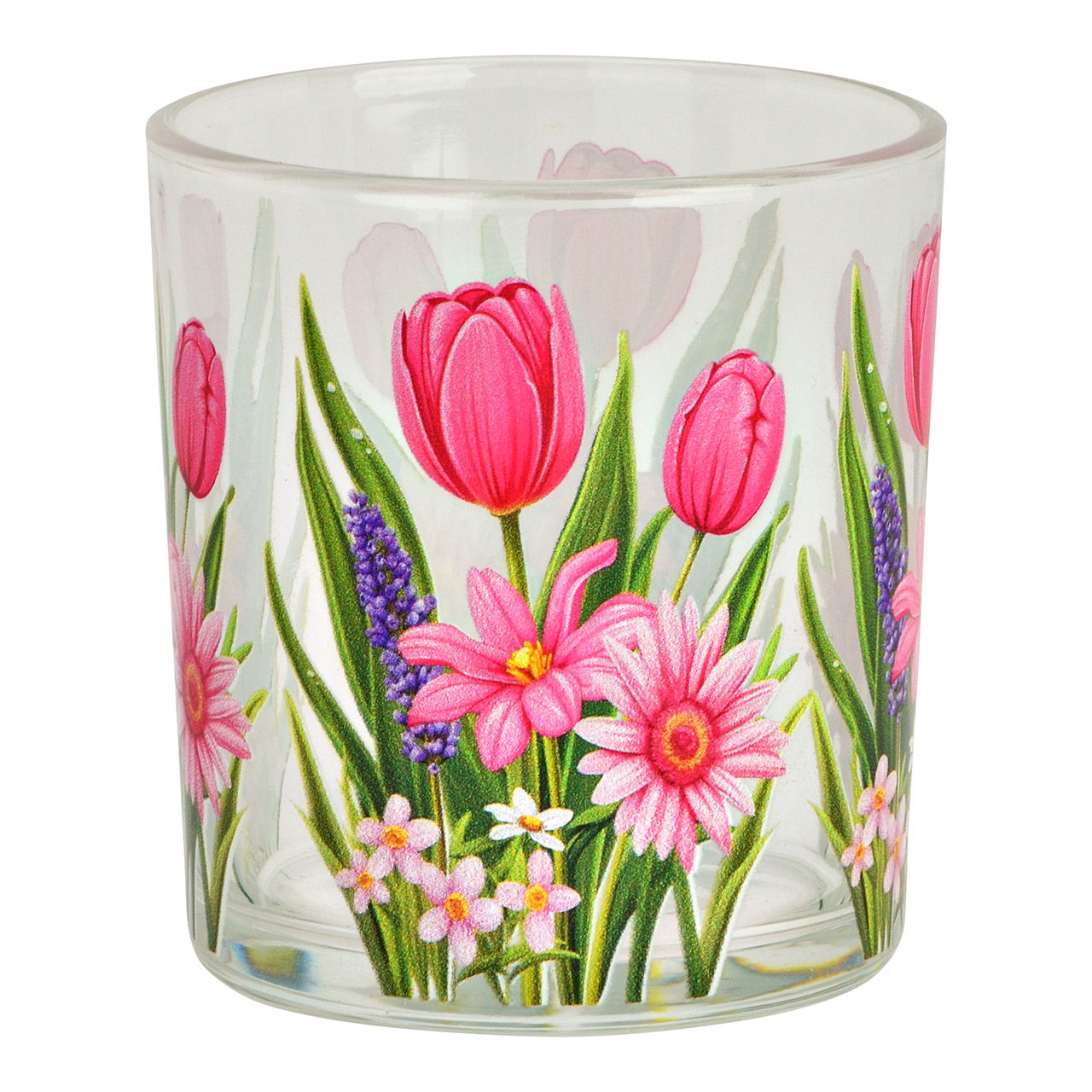 Windlicht Blumen Dekor aus Glas, Grün/Pink (B/H/T) 7x8x7cm Pokal, Töpferei, Krug, Vase, Glas