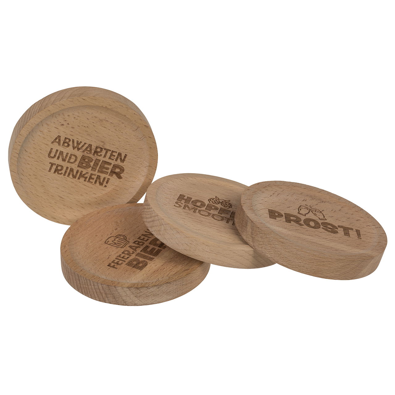 Posavasos con refrán y abrebotellas de madera, cuádruple, natural (ancho/alto/alto) 8x1x8cm 24pzs. en expositor Krug, Deckenventilator, Gerät, Elektrisches Gerät, Töpferei