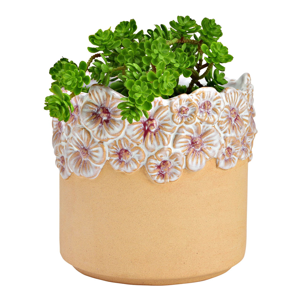 Blumentopf Blumenkranz Dekor aus Steingut, Beige/Lila Ø 14cm